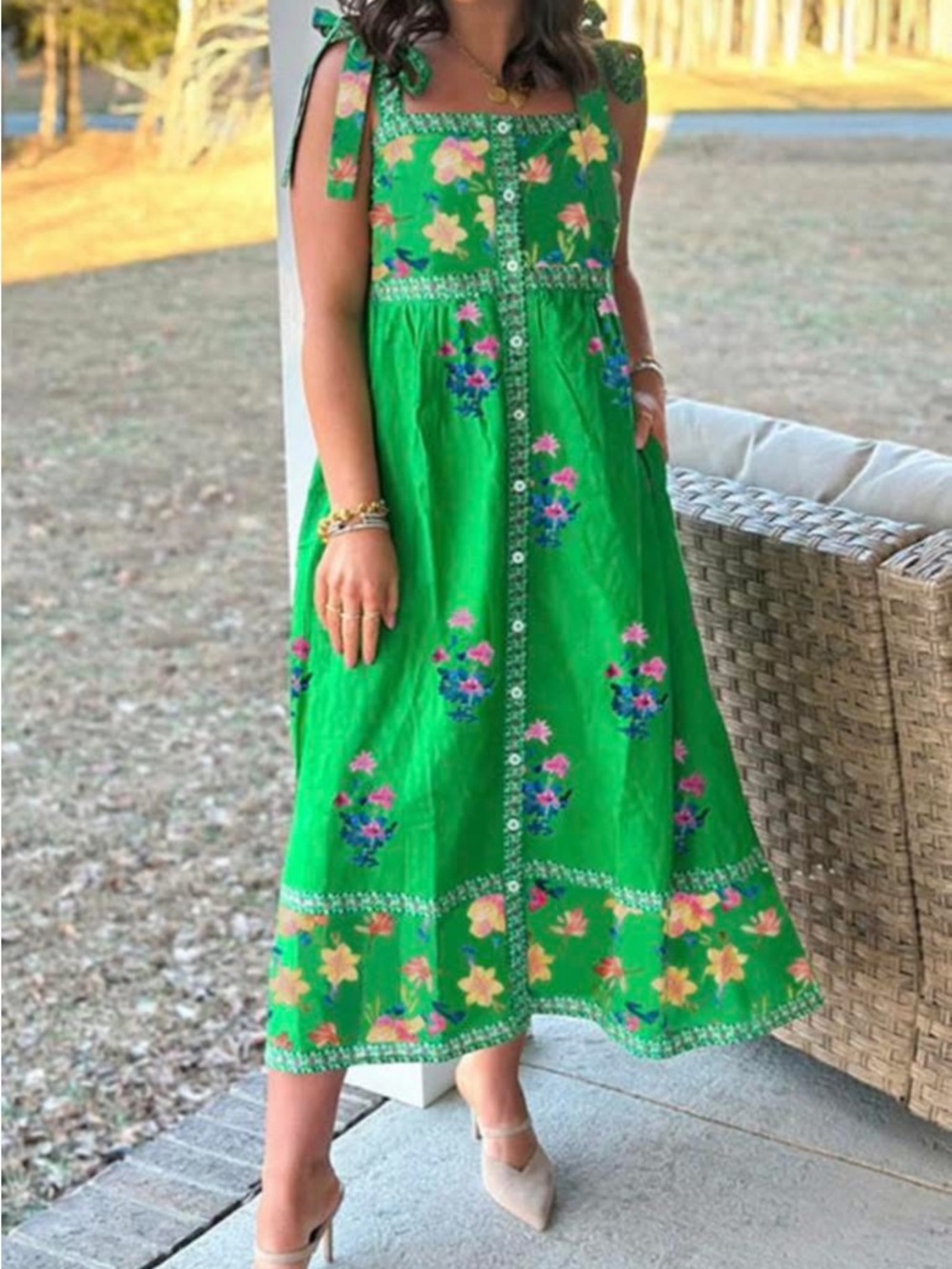 Green Floral Tie-Shoulder Midi Dress